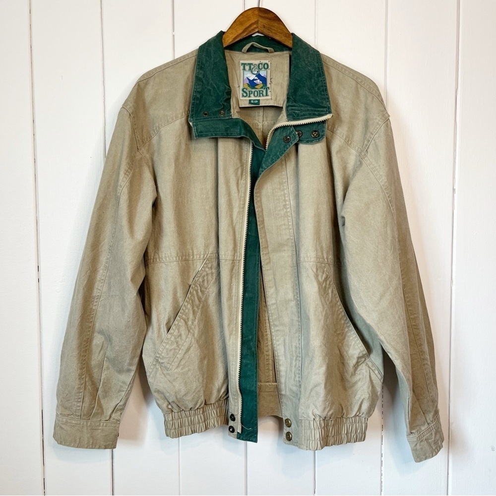 Vintage TT & Co. Sport Beige and Green 100% Cotton Jacket. Size Small.